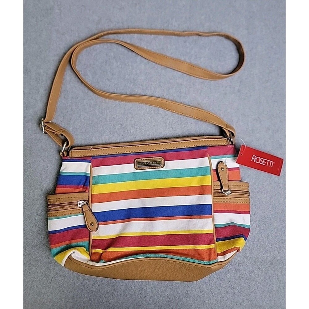 Rosetti Crossbody Bag Small Brown Crossbody Striped Zip Inner Pockets Maddie NEW
